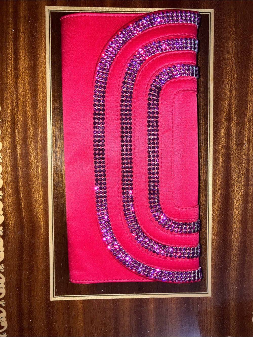 Escada red satin with purple rhinestones clutch evening bag